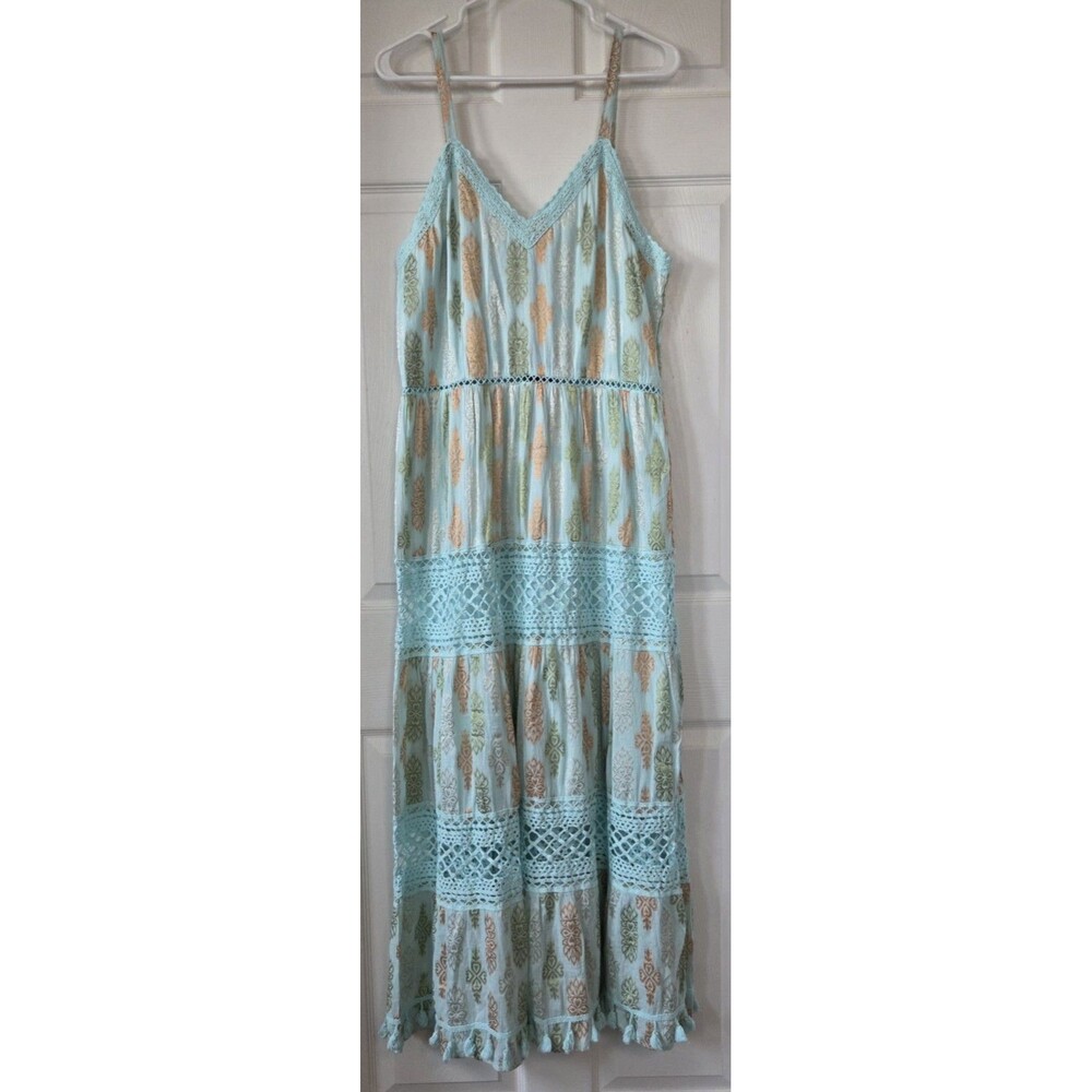 Anthropologie Me 2 Magic Women's 1X Teal Maxi Dress Floral Boho Peasant NWT